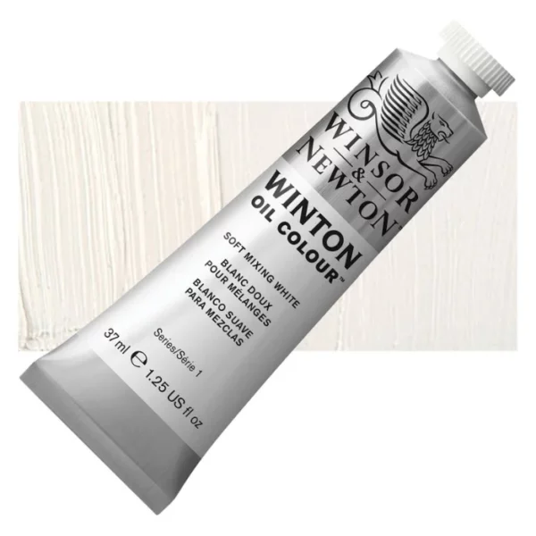 A tube of Soft Mixing White Winsor and Newton Winton Oil Paint 37ml is shown diagonally, across the center of the frame. The tube is a silver colour and has a white screw on, plastic lid. The Winsor and Newton logo is printed at the top of the tube and there is a white band printed across the tube, below the logo, that has the words 'Winton Oil Colour' written on it. Below that is a colour band printed across the tube that has black text describing the product colour and paint properties. There is a rectangular colour swatch behind the tube that shows the colour of the paint. It lays horizontally across the top third of the frame. The image is center of the frame and on a white background.