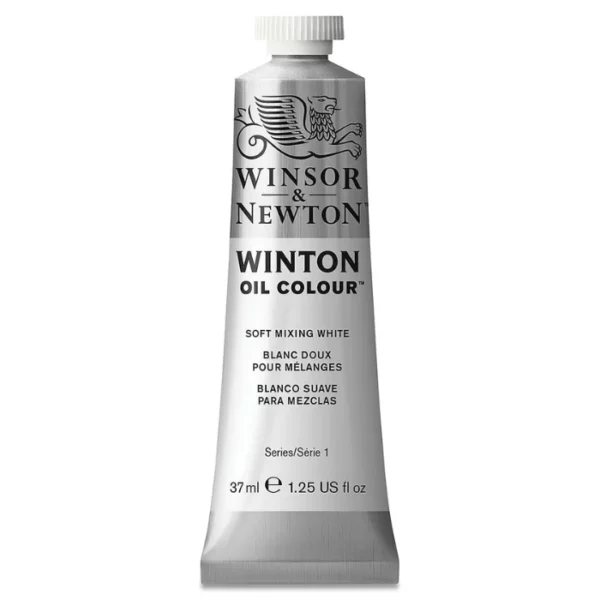 A single tube of Soft Mixing White Winsor and Newton Winton Oil Paint 37ml is shown in the center of the frame, standing vertically. The tube is a silver colour and has a white screw on, plastic lid. The Winsor and Newton logo is printed at the top of the tube and there is a white band across the tube, under the logo, with the words, 'Winton Oil Colour'. There is a band of colour below that which denotes the colour of the paint in the tube. There is text on this colour band, describing the colour and paint properties. The image is center of the frame and on a white background