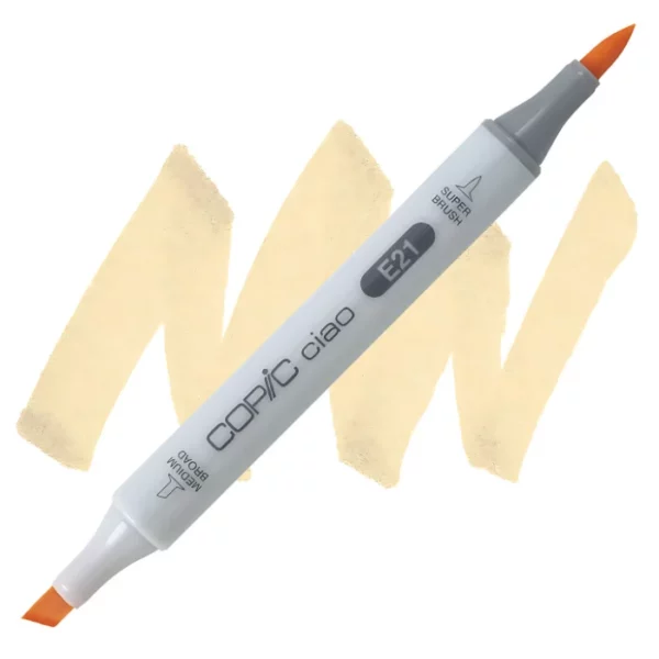 in the center of the image is a single copic marker that is sitting diagonally across the image. from left to right. it has a grey body and both caps are off showing the two different nibs, one brush at the top and the chisel tip at the bottom. it is sitting infront of a squiggle of the same colour as the marker on a white background