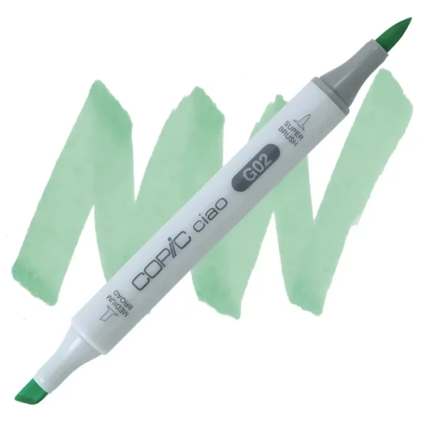 in the center of the image is a single copic marker that is sitting diagonally across the image. from left to right. it has a grey body and both caps are off showing the two different nibs, one brush at the top and the chisel tip at the bottom. it is sitting infront of a squiggle of the same colour as the marker on a white background