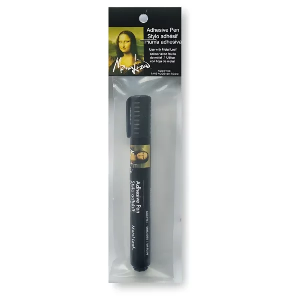 A Speedball Adhesive Leaf Pen is shown in it's packaging, vertically in the center of the frame. It is in a clear packet with a printed cardboard header that it can hang off. You can see the pen inside the packet. The pen is black with a picture of the Mona Lisa face on, and white text. On a white background.