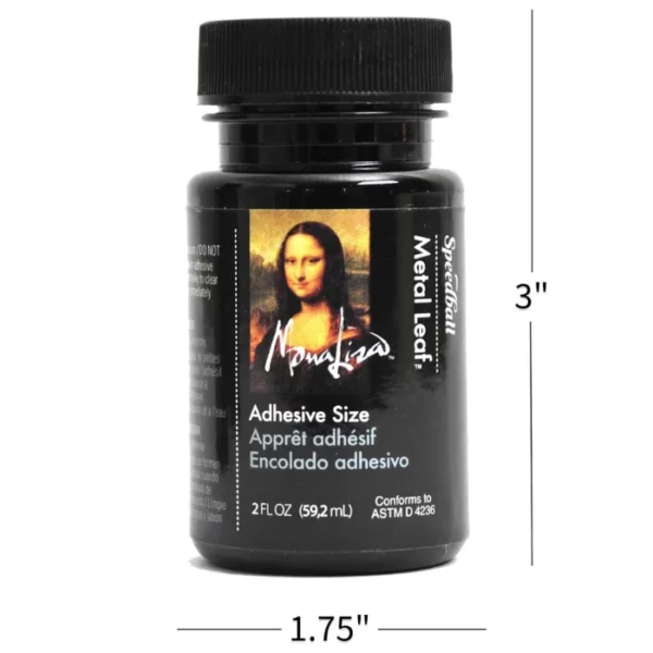 A single bottle of Speedball Gold Leaf Adhesive Size is shown in the center of the frame. The bottle is a black glass with a black plastic, screw on lid and a black printed label around the body of the bottle. The label has a picture of the Mona Lisa face on it and text describing the product. There is a line on the right of the bottle and underneath the bottle that shows the dimensions of the bottle. On a white background.