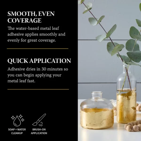 A promotional image for Speedball Gold Leaf Adhesive Size. There is an image of some gold leaf vases down the right hand side of the frame. There is a black box down the left hand side of the frame with white text describing the product.