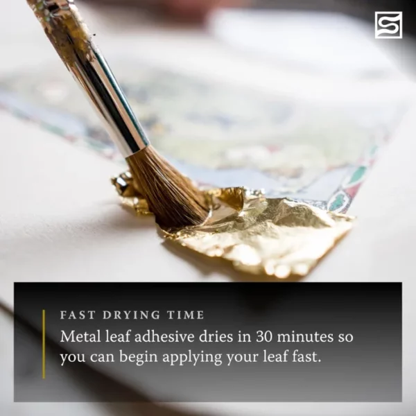 A promotional image for Speedball Gold Leaf Adhesive Size. There is a picture of a paint brush dipping into some gold leaf with a black rectangular box at the base of the frame that has text in it describing the product.