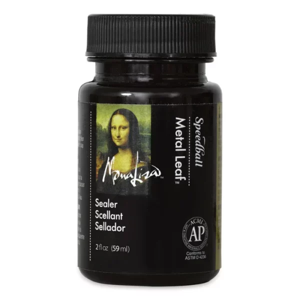 A single bottle of Speedball Gold Leaf Sealer is shown in the center of the frame. The bottle is a black glass with a black plastic, screw on lid and a black printed label around the body of the bottle. The label has a picture of the Mona Lisa face on it and text describing the product. On a white background.