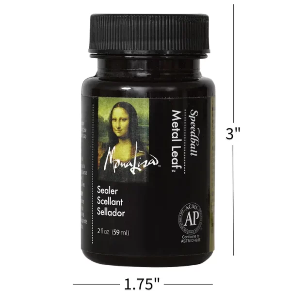 A single bottle of Speedball Gold Leaf Sealer is shown in the center of the frame. The bottle is a black glass with a black plastic, screw on lid and a black printed label around the body of the bottle. The label has a picture of the Mona Lisa face on it and text describing the product. There is a line on the right of the bottle and underneath the bottle that shows the dimensions of the bottle. On a white background.