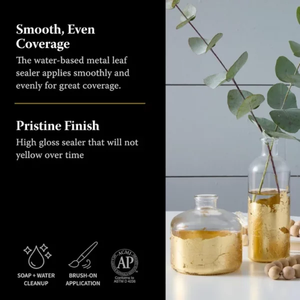 A promotional image for Speedball Gold Leaf Sealer. There is an image of some gold leaf vases down the right hand side of the frame. There is a black box down the left hand side of the frame with white text describing the product.