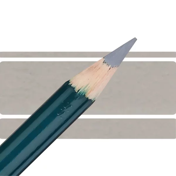 a derwent artists coloured pencil is seen in a close up ciming in from the left habd corner of the image. the tip is facing the right hand side top of the image. in a horizontal line. it has a green hamdle and a wooden end with the coloured tip. there are three horizontal stripes behind it that are the same colour as the nib of the pencil. on a white background