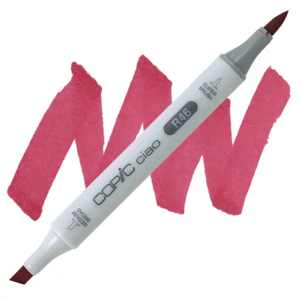 in the center of the image is a single copic marker that is sitting diagonally across the image. from left to right. it has a grey body and both caps are off showing the two different nibs, one brush at the top and the chisel tip at the bottom. it is sitting infront of a squiggle of the same colour as the marker on a white background