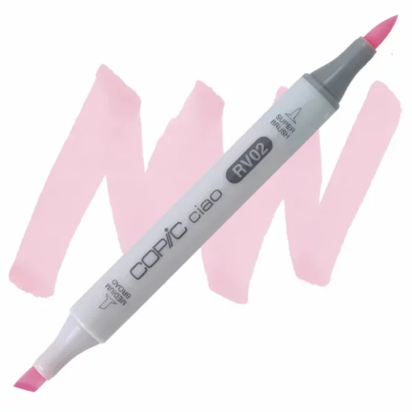 in the center of the image is a single copic marker that is sitting diagonally across the image. from left to right. it has a grey body and both caps are off showing the two different nibs, one brush at the top and the chisel tip at the bottom. it is sitting infront of a squiggle of the same colour as the marker on a white background