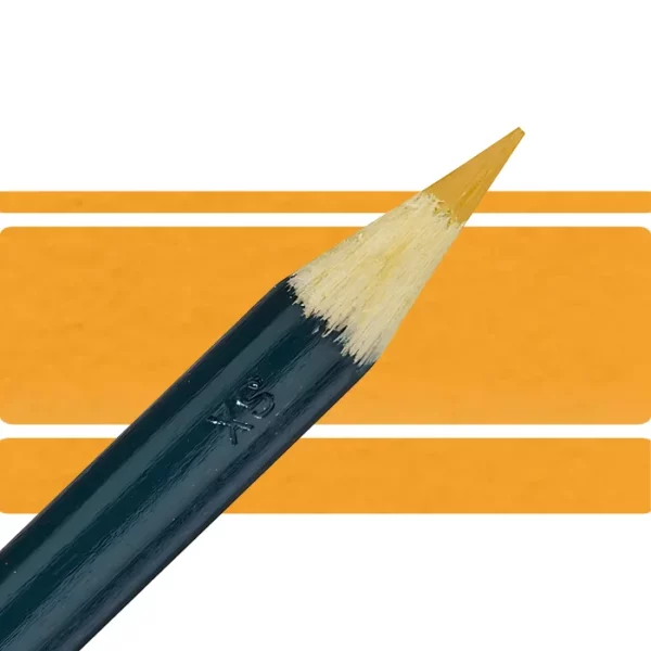 a derwent artists coloured pencil is seen in a close up ciming in from the left habd corner of the image. the tip is facing the right hand side top of the image. in a horizontal line. it has a green hamdle and a wooden end with the coloured tip. there are three horizontal stripes behind it that are the same colour as the nib of the pencil. on a white background