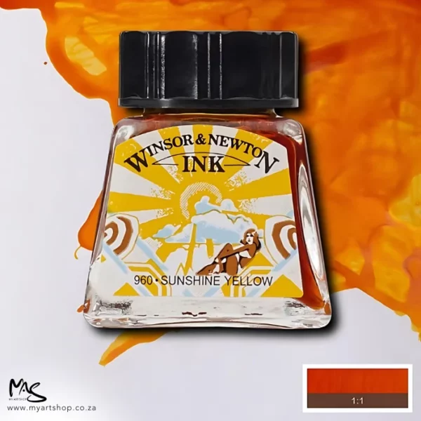 A single bottle of Sunshine Yellow Winsor & Newton Drawing Ink can be seen in the center of the frame, with ink in the background, in the top right hand corner of the frame, flowing into the frame. The ink is the colour of the ink inside the bottle. The bottle is a clear glass bottle and so you can see the colour of the ink inside. There is a black, plastic screw on lid and a label stuck to the front of the bottle with the brand name and logo on it. There is a small rectangular colour block with a sample of the ink colour in a 1:1 ratio, in the bottom right hand corner of the frame.