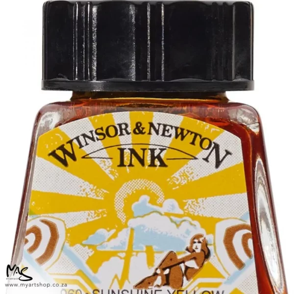 A close up of a single bottle of Sunshine Yellow Winsor & Newton Drawing Ink. The bottom of the bottle is cut off by the frame. The bottle is clear glass so you can see the colour of the ink inside, with a black screw on plastic lid. There is a label on the front of the bottle with the brand logo.