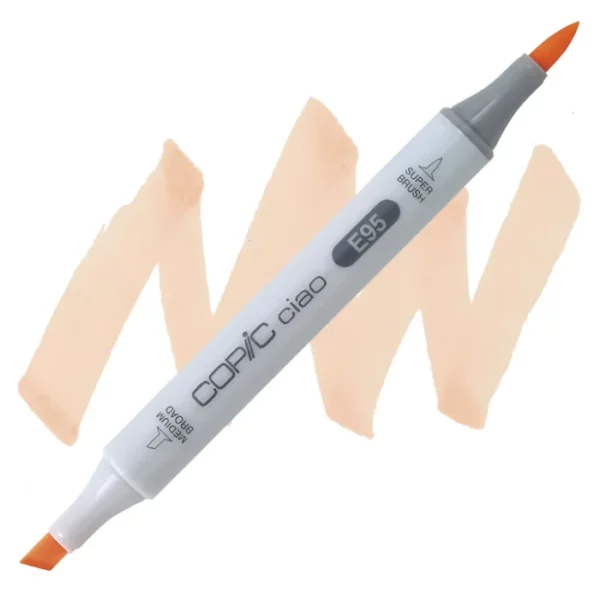 in the center of the image is a single copic marker that is sitting diagonally across the image. from left to right. it has a grey body and both caps are off showing the two different nibs, one brush at the top and the chisel tip at the bottom. it is sitting infront of a squiggle of the same colour as the marker on a white background