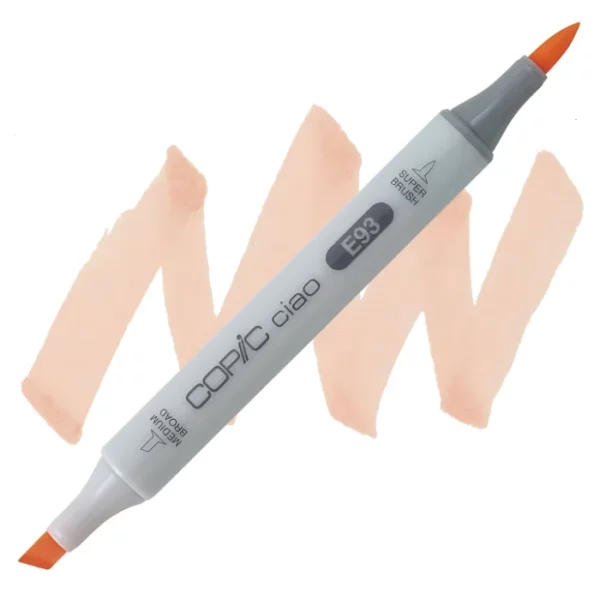 in the center of the image is a single copic marker that is sitting diagonally across the image. from left to right. it has a grey body and both caps are off showing the two different nibs, one brush at the top and the chisel tip at the bottom. it is sitting infront of a squiggle of the same colour as the marker on a white background