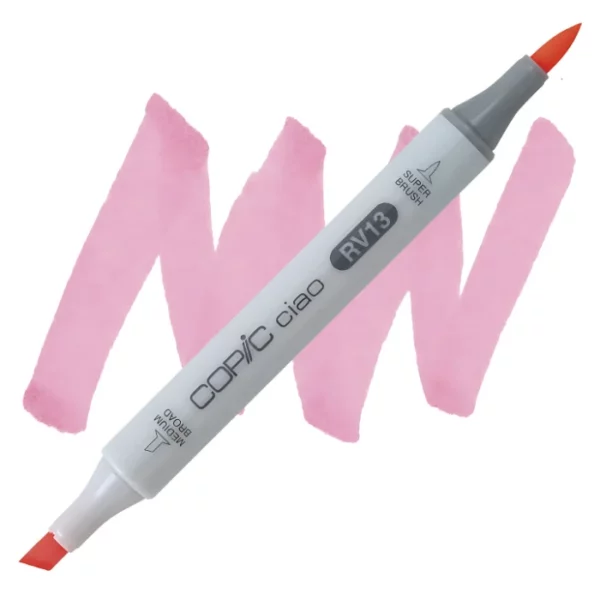 in the center of the image is a single copic marker that is sitting diagonally across the image. from left to right. it has a grey body and both caps are off showing the two different nibs, one brush at the top and the chisel tip at the bottom. it is sitting infront of a squiggle of the same colour as the marker on a white background