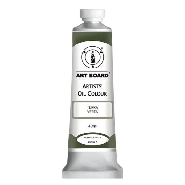 A tube of Terra Verta Artboard Oil Paint 40ml is shown standing vertically in the center of the frame. The tube is silver and has a label around the body of the tube. Parts of the label are coloured, to denote the colour of the paint inside the tube. The artboard logo and name are printed at the top of the label and the colour and product details are printed below. The tube has a white plastic, screw on lid. On a white background.