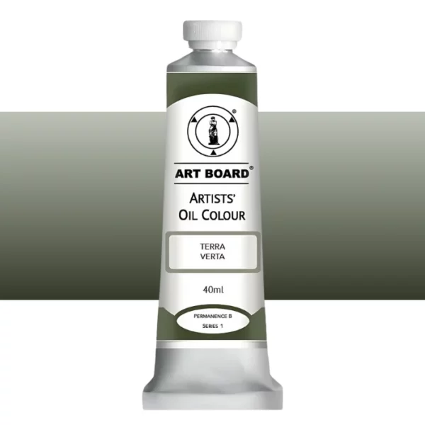 A tube of Terra Verta Artboard Oil Paint 40ml is shown standing vertically in the center of the frame. The tube is silver and has a label around the body of the tube. Parts of the label are coloured, to denote the colour of the paint inside the tube. The artboard logo and name are printed at the top of the label and the colour and product details are printed below. The tube has a white plastic, screw on lid. A graded horizontal rectangle is seen in the background, this denotes the colour of the paint inside the tube. On a white background.