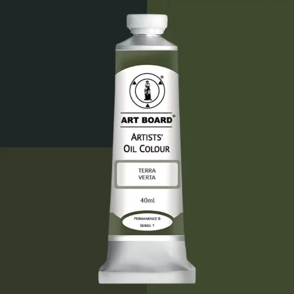 A tube of Terra Verta Artboard Oil Paint 40ml is shown standing vertically in the center of the frame. The tube is silver and has a label around the body of the tube. Parts of the label are coloured, to denote the colour of the paint inside the tube. The artboard logo and name are printed at the top of the label and the colour and product details are printed below. The tube has a white plastic, screw on lid. Different shades of the paint colour are shown in the background in blocks, behind the tube.