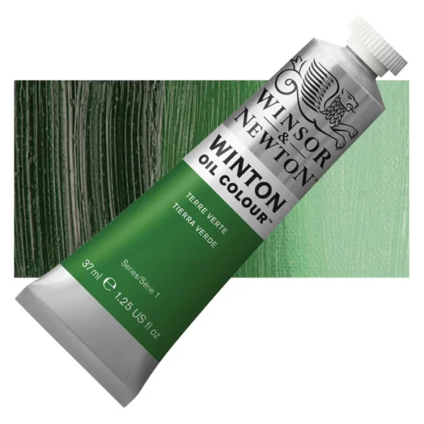 A tube of Terre Verte Winsor and Newton Winton Oil Paint 37ml is shown diagonally, across the center of the frame. The tube is a silver colour and has a white screw on, plastic lid. The Winsor and Newton logo is printed at the top of the tube and there is a white band printed across the tube, below the logo, that has the words 'Winton Oil Colour' written on it. Below that is a colour band printed across the tube that has black text describing the product colour and paint properties. There is a rectangular colour swatch behind the tube that shows the colour of the paint. It lays horizontally across the top third of the frame. The image is center of the frame and on a white background.