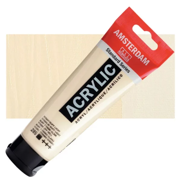 A single tube of Titanium Buff Light Amsterdam Acrylic Paint 120ml is shown diagonally across the center of the frame. The tube is made of a clear plastic and has a red band at the end of the tube with a hole so it can hang. The tube has a black, plastic flip top cap, that the bottle stands on. There is black text on the body of the tube describing the product colour and details. The colour of the paint can be seen through the tube. There is a rectangular colour swatch of the paint, behind the tube. The swatch shows the colour in different gradient's. The image is center of the frame and on a white background.