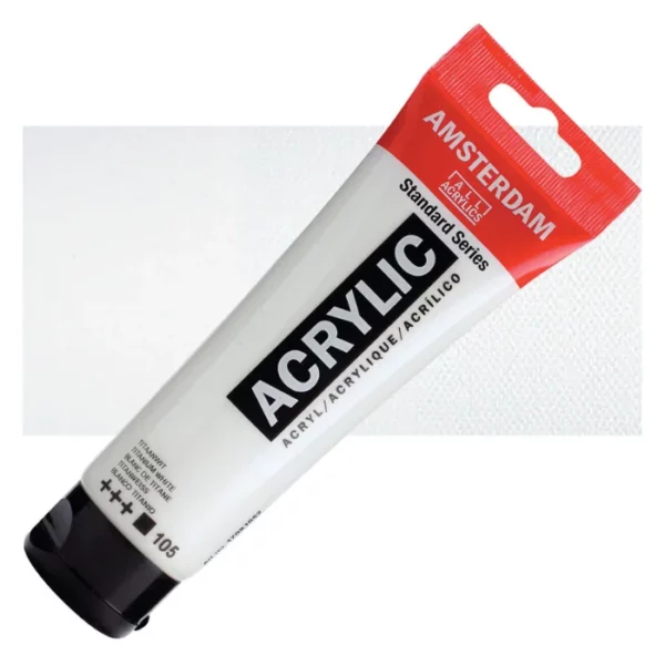 A single tube of Titanium White Amsterdam Acrylic Paint 120ml is shown diagonally across the center of the frame. The tube is made of a clear plastic and has a red band at the end of the tube with a hole so it can hang. The tube has a black, plastic flip top cap, that the bottle stands on. There is black text on the body of the tube describing the product colour and details. The colour of the paint can be seen through the tube. There is a rectangular colour swatch of the paint, behind the tube. The swatch shows the colour in different gradient's. The image is center of the frame and on a white background.