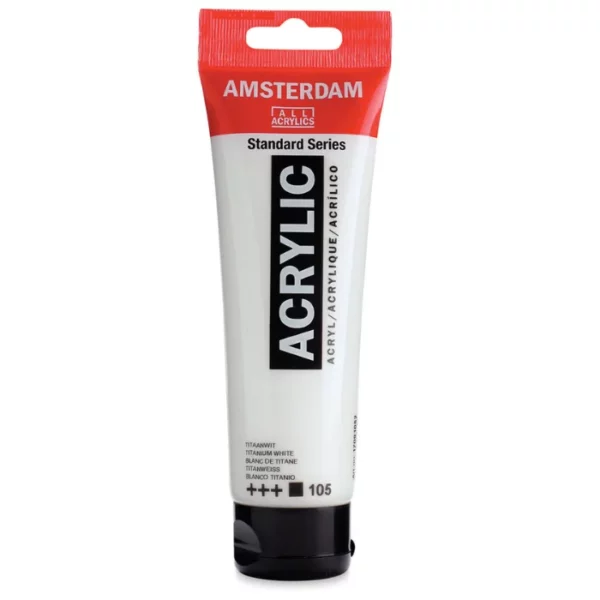 A single tube of Titanium White Amsterdam Acrylic Paint 120ml is standing vertically in the center of the frame. The tube is made of a clear plastic and has a red band at the end of the tube with a hole so it can hang. The tube has a black, plastic flip top cap, that the bottle stands on. There is black text on the body of the tube describing the product colour and details. The colour of the paint can be seen through the tube. On a white background.