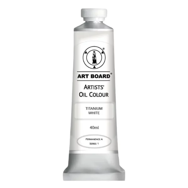 A tube of Titanium White Artboard Oil Paint 40ml is shown standing vertically in the center of the frame. The tube is silver and has a label around the body of the tube. Parts of the label are coloured, to denote the colour of the paint inside the tube. The artboard logo and name are printed at the top of the label and the colour and product details are printed below. The tube has a white plastic, screw on lid. On a white background.