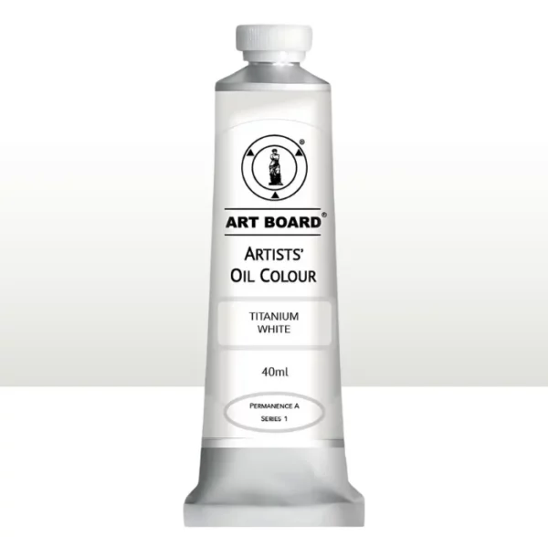 A tube of Titanium White Artboard Oil Paint 40ml is shown standing vertically in the center of the frame. The tube is silver and has a label around the body of the tube. Parts of the label are coloured, to denote the colour of the paint inside the tube. The artboard logo and name are printed at the top of the label and the colour and product details are printed below. The tube has a white plastic, screw on lid. A graded horizontal rectangle is seen in the background, this denotes the colour of the paint inside the tube. On a white background.