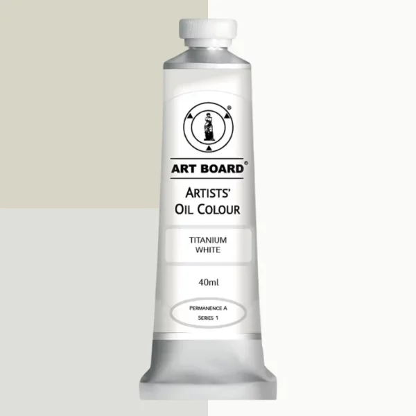 A tube of Titanium White Artboard Oil Paint 40ml is shown standing vertically in the center of the frame. The tube is silver and has a label around the body of the tube. Parts of the label are coloured, to denote the colour of the paint inside the tube. The artboard logo and name are printed at the top of the label and the colour and product details are printed below. The tube has a white plastic, screw on lid. Different shades of the paint colour are shown in the background in blocks, behind the tube.