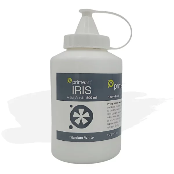 A single bottle of Titanium White Iris Acrylic Paint 500ml is shown vertically in the center of the frame. The bottle is a clear plastic bottle with a white plastic flip top lid that is hinged to the bottle. There is a label around the body of the bottle that is printed with the Prime Art logo, the product name and details. The image is center of the frame and there is a paint swatch colour behind the bottle that indicates the colour of the paint. On a white background.