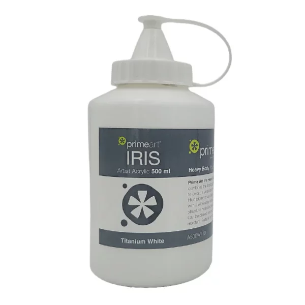 A single bottle of Titanium White Iris Acrylic Paint 500ml is shown vertically in the center of the frame. The bottle is a clear plastic bottle with a white plastic flip top lid that is hinged to the bottle. There is a label around the body of the bottle that is printed with the Prime Art logo, the product name and details. The image is center of the frame and on a white background.