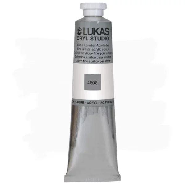 A single tube of Titanium White Lukas Cryl Studio Acrylics 75ml is shown in the center of the frame, standing vertically. The tube is silver and has a colour band around the body of the tube that denotes the colour of the paint inside. The Lukas name and logo is printed at the top of the tube and there is black text below the logo that describes the paint. The tube has a white plastic, screw on lid. There is a paint swatch in the background that indicates the colour of the paint inside the tube. The image is center of the frame and on a white background.