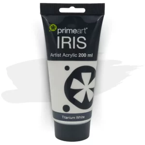 A single tube of Titanium White Prime Art Iris Acrylic Paint 200ml is shown in the frame. The tube is a clear plastic with a black printed band at the top of each tube that has the Prime Art Iris Logo printed on it. The tube has a black flip cap that the tube stands on. You can see the colour of the paint through the tube. On a white background.