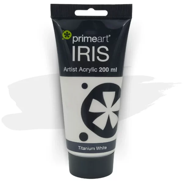 A single tube of Titanium White Prime Art Iris Acrylic Paint 200ml is shown in the frame. The tube is a clear plastic with a black printed band at the top of each tube that has the Prime Art Iris Logo printed on it. The tube has a black flip cap that the tube stands on. You can see the colour of the paint through the tube. On a white background.