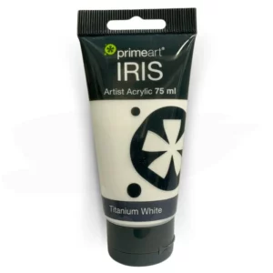 A single tube of Titanium White Prime Art Iris Acrylic Paint 75ml is shown in the frame. The tube is a clear plastic with a black printed band at the top of each tube that has the Prime Art Iris Logo printed on it. The tube has a black flip cap that the tube stands on. You can see the colour of the paint through the tube. On a white background.