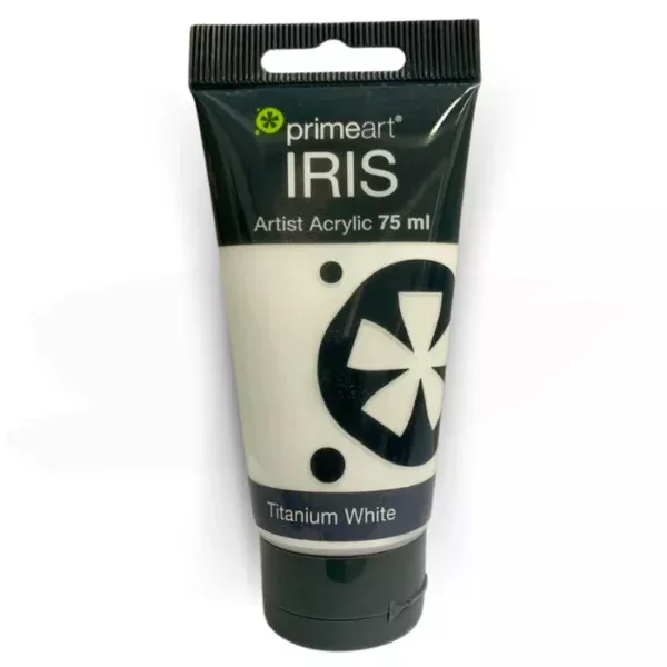 A single tube of Titanium White Prime Art Iris Acrylic Paint 75ml is shown in the frame. The tube is a clear plastic with a black printed band at the top of each tube that has the Prime Art Iris Logo printed on it. The tube has a black flip cap that the tube stands on. You can see the colour of the paint through the tube. On a white background.