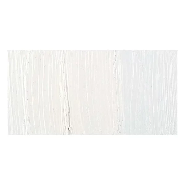 A rectangular colour swatch of Titanium White Winsor and Newton Winton Oil Paint is shown across the center of the frame. The colour swatch shows the tube colour in three gradients from left to right. On a white background.