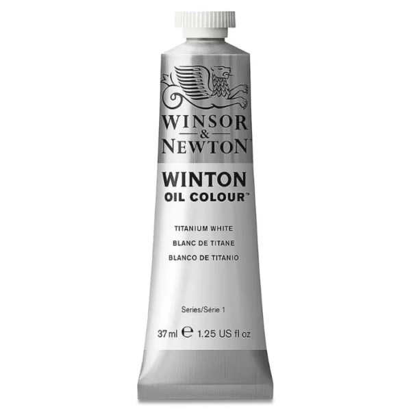 A single tube of Titanium White Winsor and Newton Winton Oil Paint 37ml is shown in the center of the frame, standing vertically. The tube is a silver colour and has a white screw on, plastic lid. The Winsor and Newton logo is printed at the top of the tube and there is a white band across the tube, under the logo, with the words, 'Winton Oil Colour'. There is a band of colour below that which denotes the colour of the paint in the tube. There is text on this colour band, describing the colour and paint properties. The image is center of the frame and on a white background