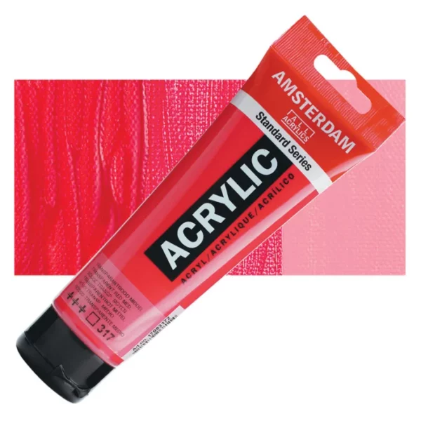 A single tube of Transparent Red Medium Amsterdam Acrylic Paint 120ml is shown diagonally across the center of the frame. The tube is made of a clear plastic and has a red band at the end of the tube with a hole so it can hang. The tube has a black, plastic flip top cap, that the bottle stands on. There is black text on the body of the tube describing the product colour and details. The colour of the paint can be seen through the tube. There is a rectangular colour swatch of the paint, behind the tube. The swatch shows the colour in different gradient's. The image is center of the frame and on a white background.