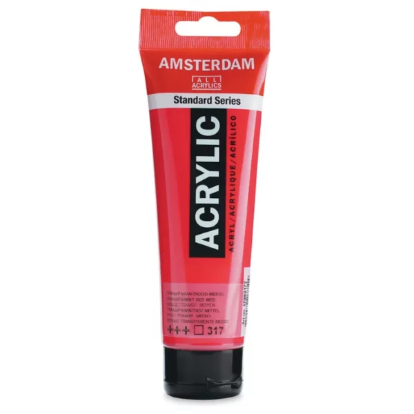 A single tube of Transparent Red Medium Amsterdam Acrylic Paint 120ml is standing vertically in the center of the frame. The tube is made of a clear plastic and has a red band at the end of the tube with a hole so it can hang. The tube has a black, plastic flip top cap, that the bottle stands on. There is black text on the body of the tube describing the product colour and details. The colour of the paint can be seen through the tube. On a white background.