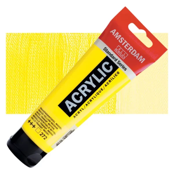 A single tube of Transparent Yellow Medium Amsterdam Acrylic Paint 120ml is shown diagonally across the center of the frame. The tube is made of a clear plastic and has a red band at the end of the tube with a hole so it can hang. The tube has a black, plastic flip top cap, that the bottle stands on. There is black text on the body of the tube describing the product colour and details. The colour of the paint can be seen through the tube. There is a rectangular colour swatch of the paint, behind the tube. The swatch shows the colour in different gradient's. The image is center of the frame and on a white background.