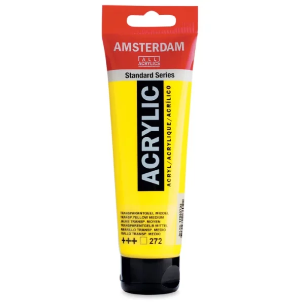 A single tube of Transparent Yellow Medium Amsterdam Acrylic Paint 120ml is standing vertically in the center of the frame. The tube is made of a clear plastic and has a red band at the end of the tube with a hole so it can hang. The tube has a black, plastic flip top cap, that the bottle stands on. There is black text on the body of the tube describing the product colour and details. The colour of the paint can be seen through the tube. On a white background.