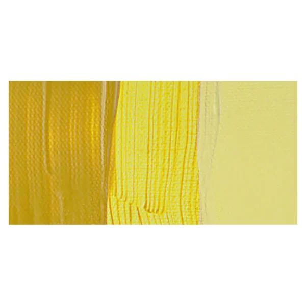 A rectangular colour swatch of Transparent Yellow Winsor and Newton Galeria Acrylic Paint is shown across the center of the frame. The colour swatch shows the tube colour in three gradients from left to right. On a white background.