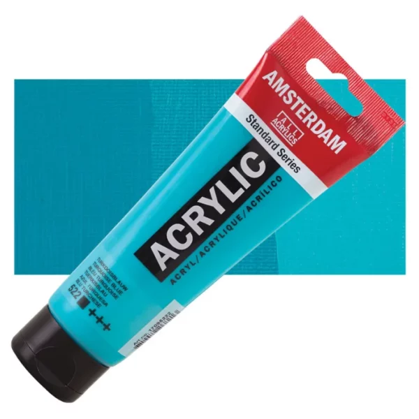 A single tube of Turquoise Blue Amsterdam Acrylic Paint 120ml is shown diagonally across the center of the frame. The tube is made of a clear plastic and has a red band at the end of the tube with a hole so it can hang. The tube has a black, plastic flip top cap, that the bottle stands on. There is black text on the body of the tube describing the product colour and details. The colour of the paint can be seen through the tube. There is a rectangular colour swatch of the paint, behind the tube. The swatch shows the colour in different gradient's. The image is center of the frame and on a white background.