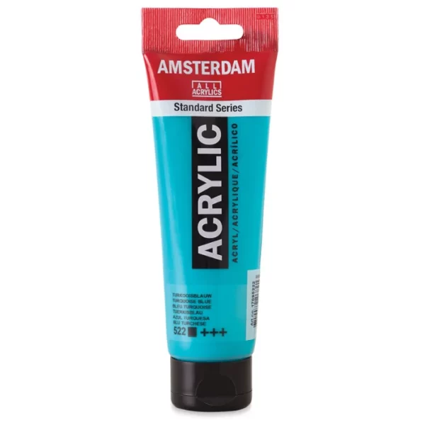 A single tube of Turquoise Blue Amsterdam Acrylic Paint 120ml is standing vertically in the center of the frame. The tube is made of a clear plastic and has a red band at the end of the tube with a hole so it can hang. The tube has a black, plastic flip top cap, that the bottle stands on. There is black text on the body of the tube describing the product colour and details. The colour of the paint can be seen through the tube. On a white background.