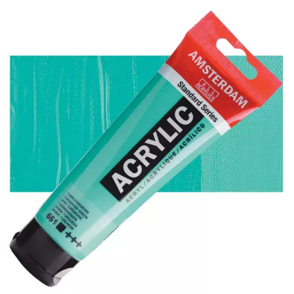 A single tube of Turquoise Green Amsterdam Acrylic Paint 120ml is shown diagonally across the center of the frame. The tube is made of a clear plastic and has a red band at the end of the tube with a hole so it can hang. The tube has a black, plastic flip top cap, that the bottle stands on. There is black text on the body of the tube describing the product colour and details. The colour of the paint can be seen through the tube. There is a rectangular colour swatch of the paint, behind the tube. The swatch shows the colour in different gradient's. The image is center of the frame and on a white background.