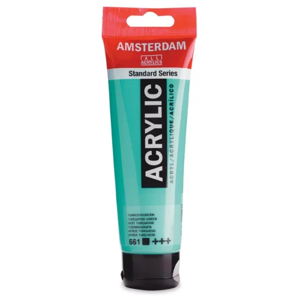 A single tube of Turquoise Green Amsterdam Acrylic Paint 120ml is standing vertically in the center of the frame. The tube is made of a clear plastic and has a red band at the end of the tube with a hole so it can hang. The tube has a black, plastic flip top cap, that the bottle stands on. There is black text on the body of the tube describing the product colour and details. The colour of the paint can be seen through the tube. On a white background.