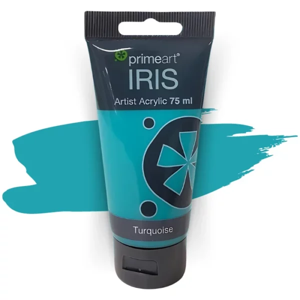 A single tube of Turquoise Prime Art Iris Acrylic Paint 75ml is shown in the frame. The tube is a clear plastic with a black printed band at the top of each tube that has the Prime Art Iris Logo printed on it. The tube has a black flip cap that the tube stands on. You can see the colour of the paint through the tube. On a white background.