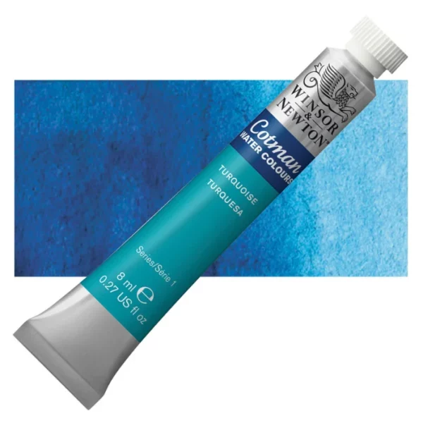 A single Turquoise Winsor and Newton Cotman Watercolour 8ml Tube is shown diagonally across the frame. The back of the tube is facing the bottom left hand corner of the frame and the lid of the tube is facing the top, right hand corner of the frame. The tube is silver and the Winsor and Newton logo is printed at the top of the tube. There is a blue band below the logo and the words 'Cotman Watercolour' are printed on the blue band in white. Then there is a large colour band around the base of the tube that denotes the colour of the paint. The tube colour and paint properties are indicated on this colour band in black text. The tube has a white, plastic screw on cap. There is a rectangular colour swatch behind the tube that shows how the colour works on a gradient scale. The entire image is center of the frame and on a white background.